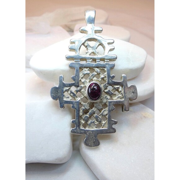 Sterling Silver 925 Garnet Ethiopian Orthodox Coptic Christian Cross Pendant 24g - Picture 3 of 6